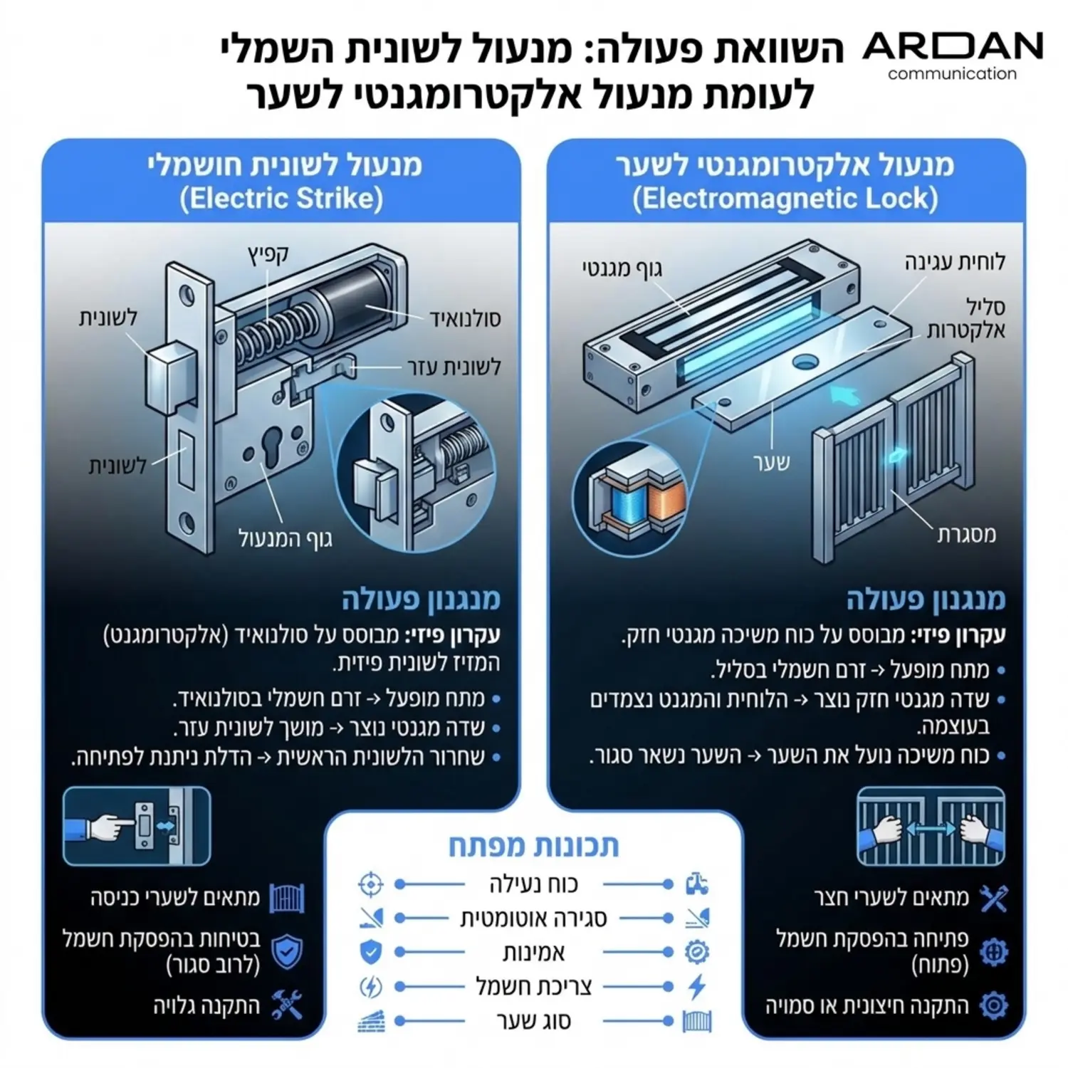 אינפוגרפיקה המציגה את ההבדלים במנגנון הפעולה בין מנעול לשונית חשמלי לבין מנעול אלקטרומגנטי לשער, כולל חתך רוחב של הרכיבים הפנימיים בסגנון טכני ונקי