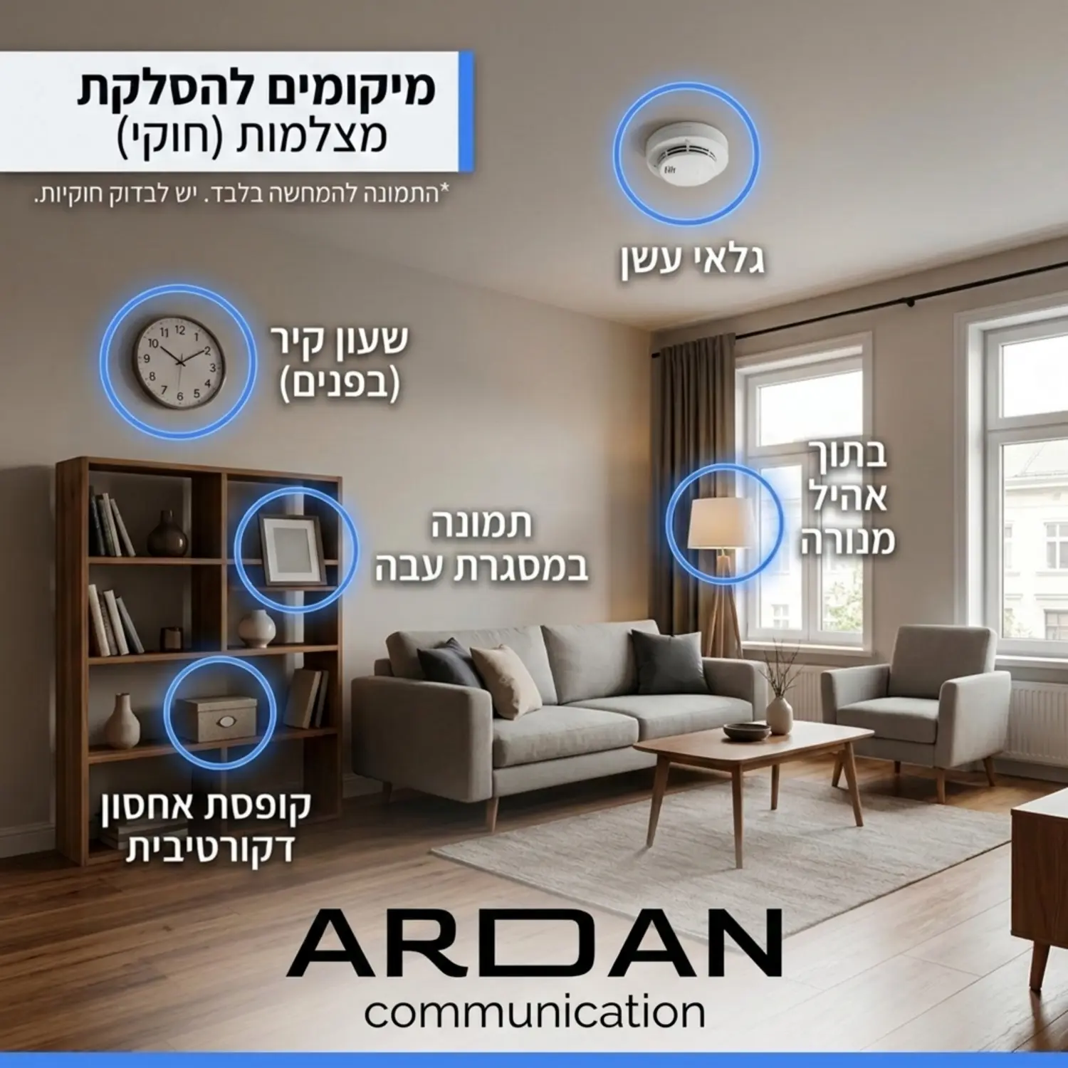 תמונה המציגה סלון של בית פרטי עם סימונים עדינים המראים היכן ניתן להסליק מצלמות בצורה חוקית כמו בתוך שעון קיר או גלאי עשן