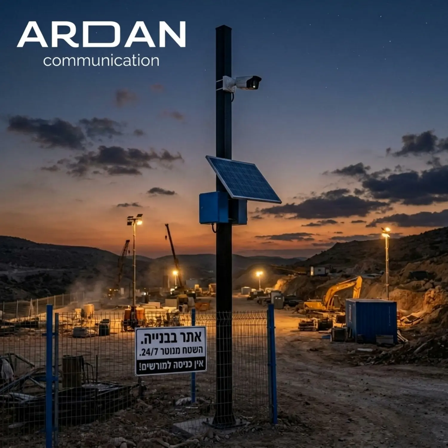 תמונה המציגה אתר בנייה מבודד בשעות הערב עם מצלמת אבטחה המותקנת על עמוד גבוה ללא כבלים הנראים לעין, ליד פאנל סולארי קטן