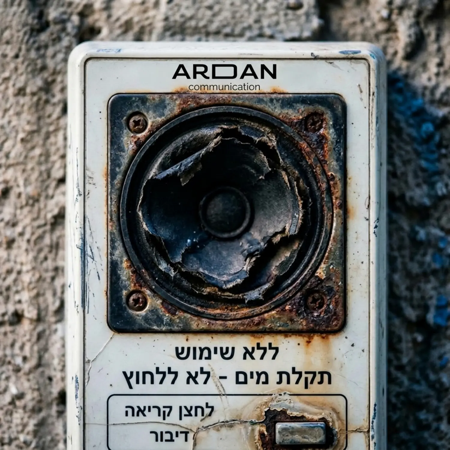 תקריב של רמקול אינטרקום פנימי המציג ממברנה קרועה ושחוקה כתוצאה מנזקי מים עם סימני חלודה קלים מסביב למסגרת
